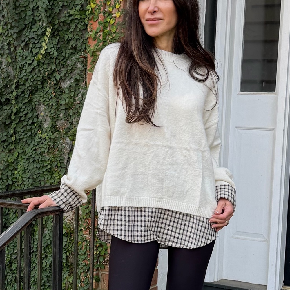 FROM PARIS FRANCE Women's Cream Sweater with Checkered Detail